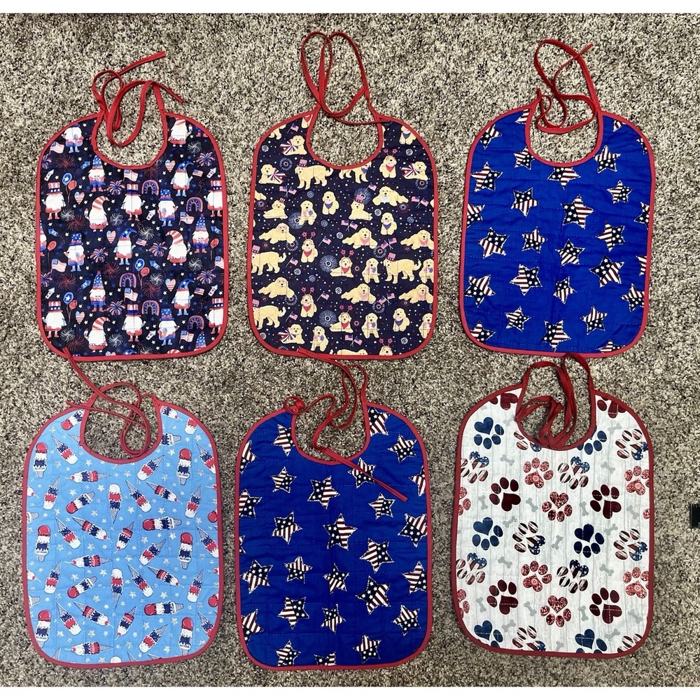 Lot Of 6 Quilted Handmade July 4th Baby Bibs Large Size 12" X 9"